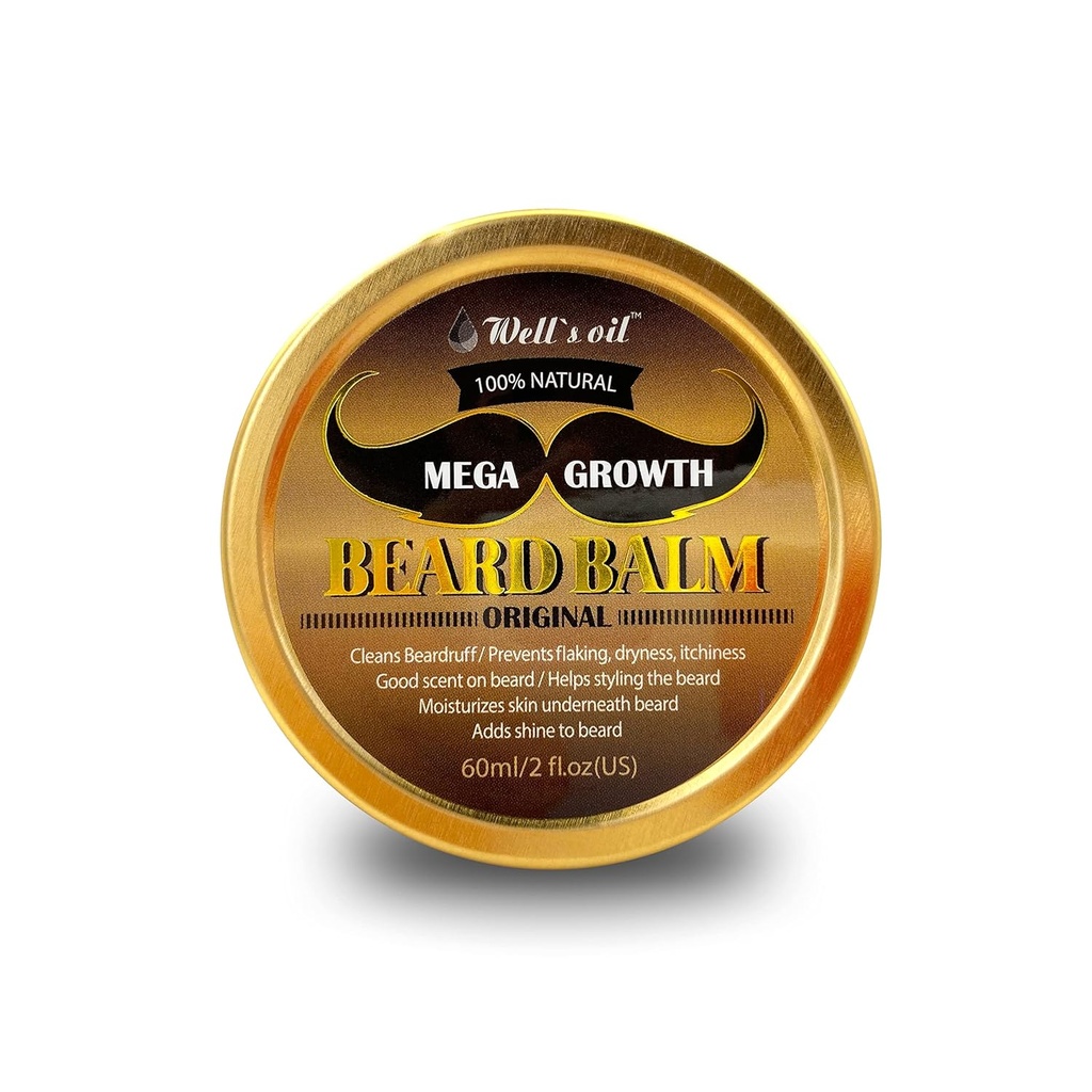 Well 's MEGA GROWTH Beard Balm (Original Scent) XI124; 2 fl.oz. XI124; 100% Natural XIX124; Chemical- Free XIX124; For Men' s Beard Care XIX124; Taming, Styling & Softening