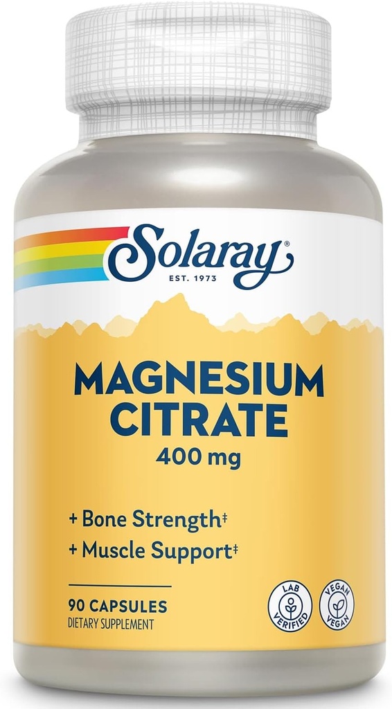 Solaray Magnezu Citrate - Kapsułki z czystego magnezu Citrate, Suplement dla Spokojnego, Zdrowia Kości, Energia komórkowa, Serce i Wspomaganie Mięśnie, 400 mg na Podawanie - 90 Kapsułek Wegańskich (Opakowanie 2)