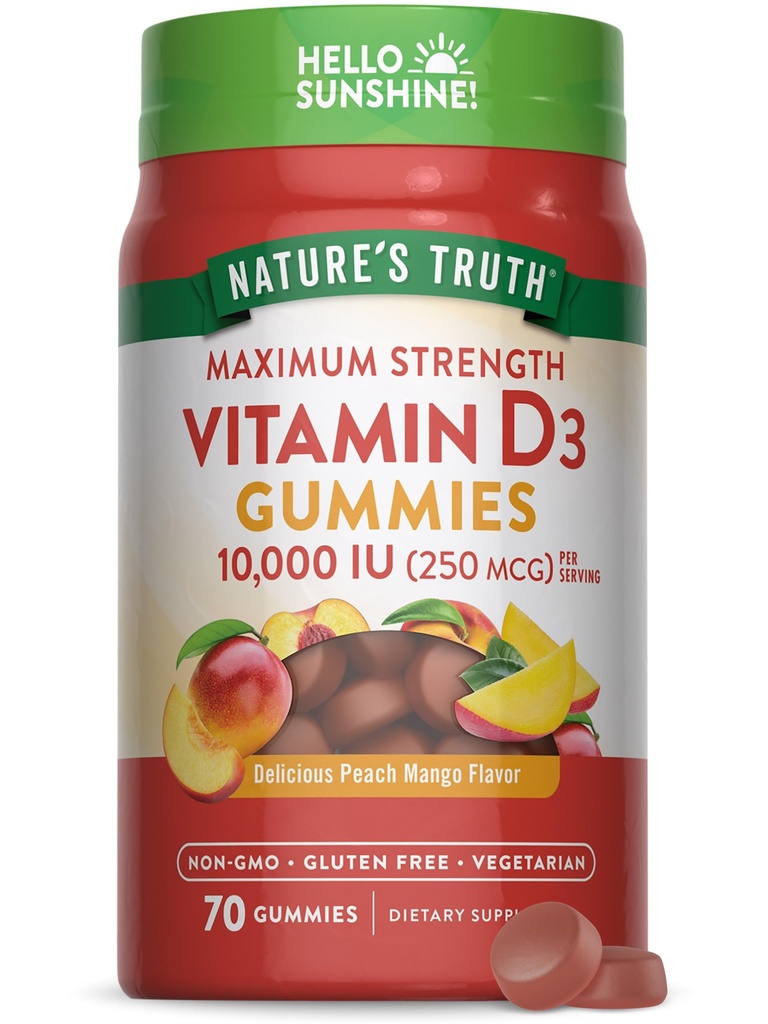 Nature 's Truth Witamina D3 Gummies XI124; 10000 IU XI124; 70 Hrabia XI124; Peach Mango Flavor XI124; Wegetarianin, Non-GMO & Gluten