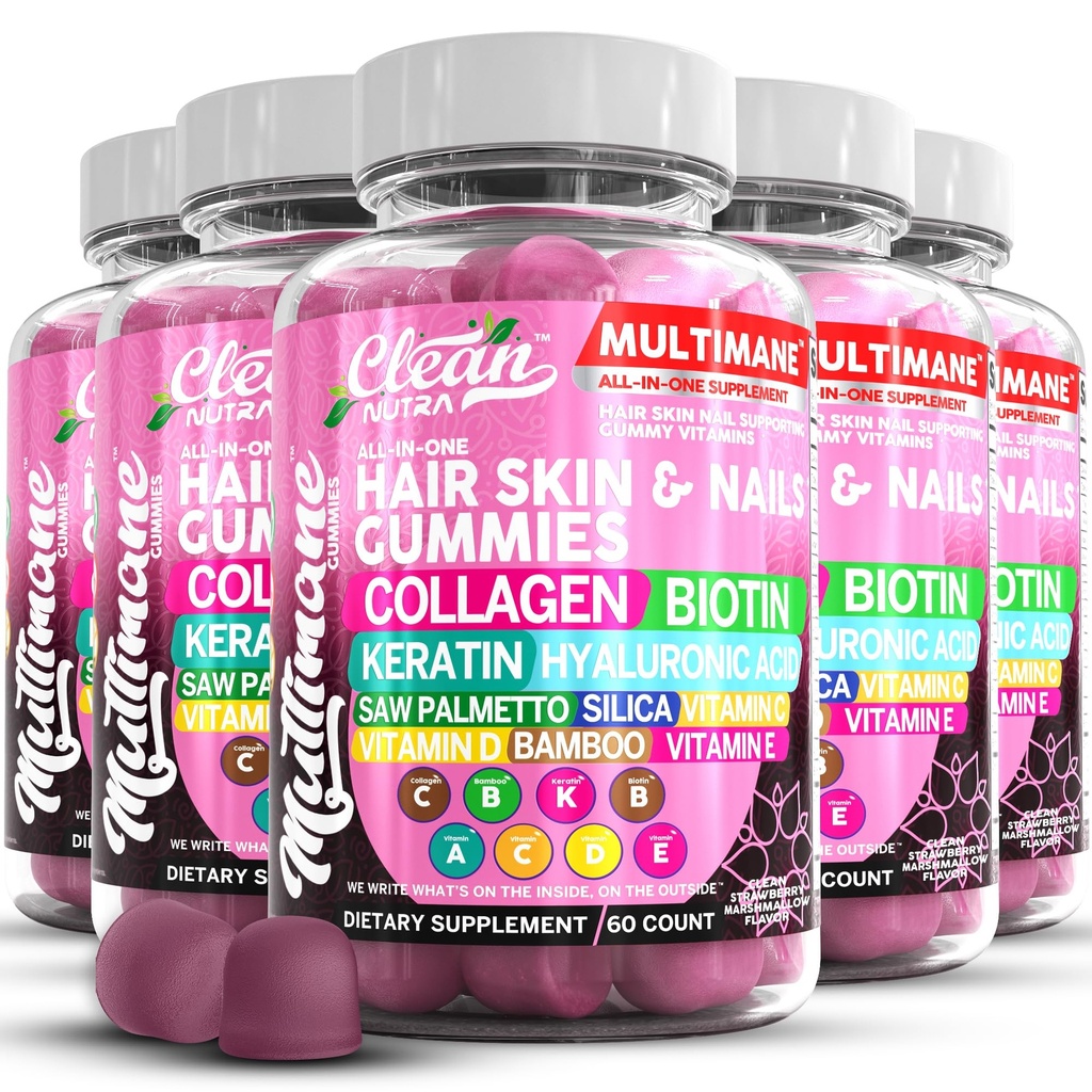 Multimane Kolagen Gummies z Biotin Keratin Hyaluronic Acid Bamboo Witamina A C Witamina D Witamina E Folate Saw Palmetto Silica B3 Witaminy Włosy Skóra i Nails Gummies przez Clean Nutra
