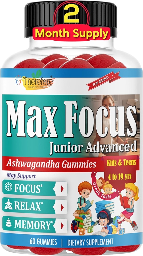 Max Focus Junior – Kids Focus & Calm Gummies | Calming & Attention Support Supplement for Kids & Teens with Ashwagandha | Brain Vitamins | Vegan, Non-GMO, 60 Gummies