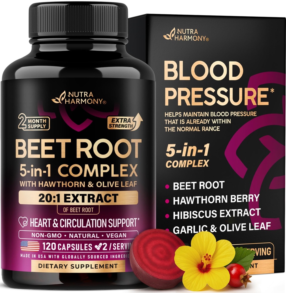 Burak korzeniowy kapsułki - Zdrowy Supplement Supplement Supplement Blood Pressure Supplement * * for Heart & Circulation Supplement - with Hawthorn Berry, Hibiscus & Garlic - tlenek azotu dla energii - Made in USA, 120 Kapsułki