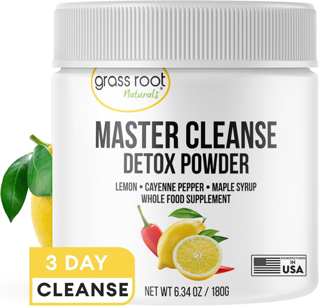 Grass Root Naturals Master Cleanse Detox Powder - Lemonade Detox 3- Day Plant- Based Supplement z cytryną, Syrop klonowy i Cayenne Diet, 6.34oz Container