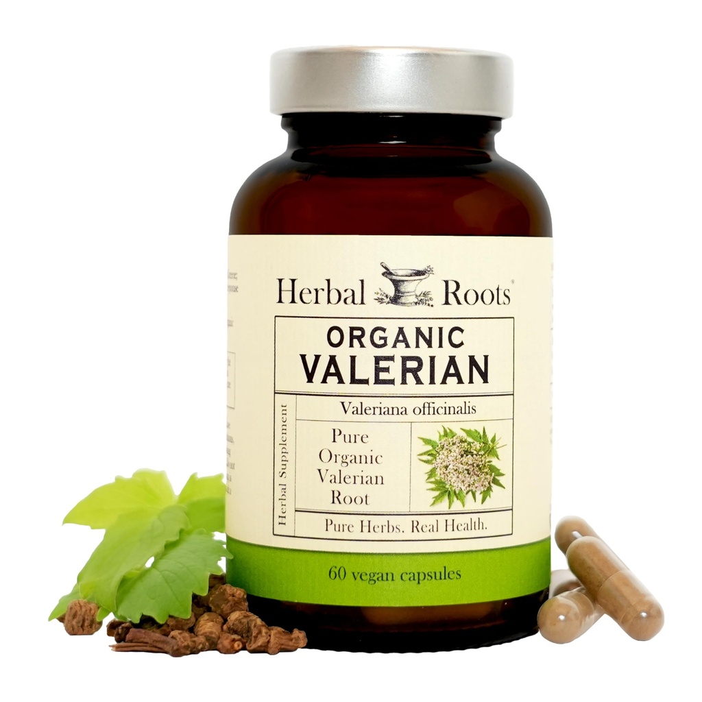 Herbal Roots Pure Organic Valerian Korzeń kapsułki - 900 mg - Non-Habit Forming bez melatoniny, Non-GMO - 60 Hrabia Kapsułki wegańskie, Suplement ziołowy