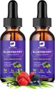 Syrop Elderberry 124; Organiczne Quercetin Black Elderberry płynne krople dla dzieci i dorosłych 124; Sambucus Elderberry Extract z witaminą C, D3, Cynk 124; Wegan, Gluten Free, 2 Pack