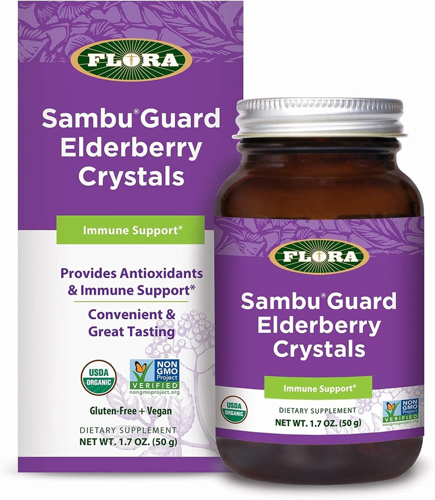 Flora - SambuGuard Elderberry Crystals, Zapewnia przeciwutleniacze i wsparcie immunologiczne, Wzmocnienie odporności, Detox Body, Boost Energy, 1.7- oz. Proszek