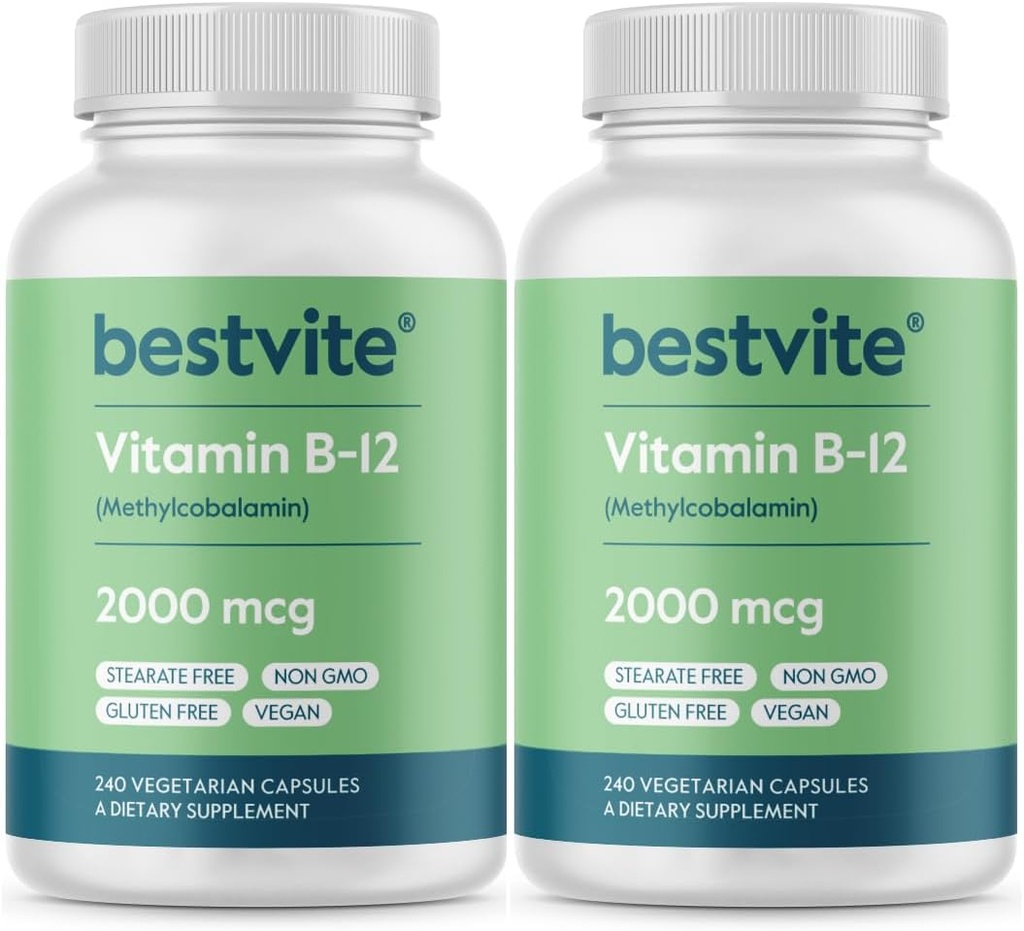 Witamina BESTVITE B12 (metylokobalamina) 2000mcg (480 Kapsułki wegetariańskie) (2 x 240) (Metyl B12) - Brak stearynianów - Wegan - Nie GMO - Bez glutenu