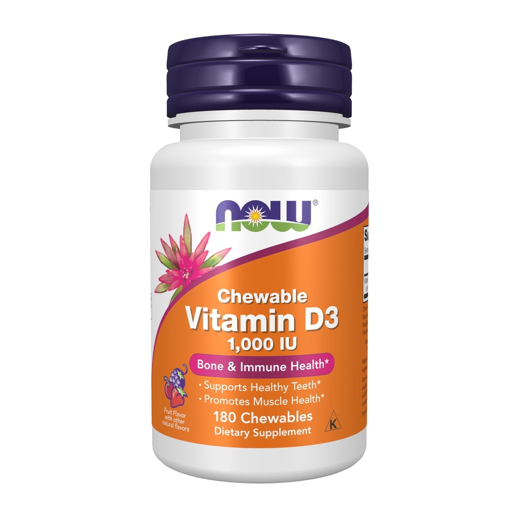 Teraz suplementy żywności, Witamina D-3 1000 j.m., Naturalny aromat owocowy, Wsparcie strukturalne *, 180 Chewables