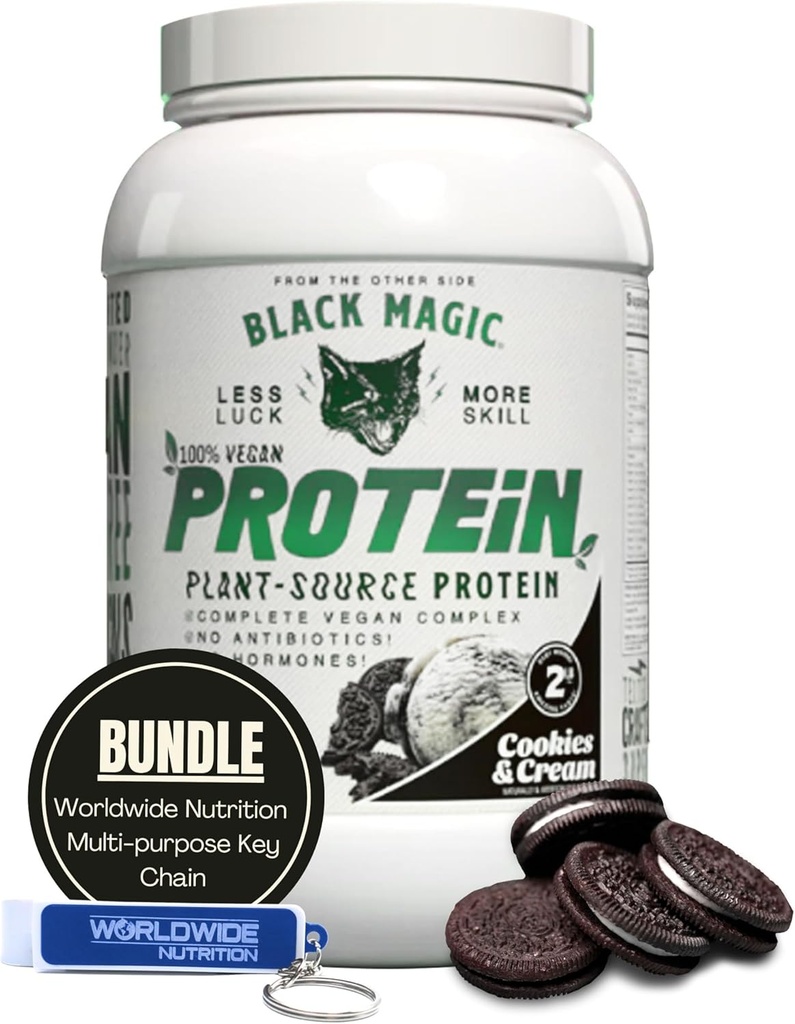 Worldwide Nutrition Bundle kompatybilny z Black Magic Multi- Source Protein Powder - Wegańskie ciasteczka i śmietanki 124; Wysoka zawartość białka w proszku, niski węglowodór, niski cukier 124; Serwatka, jajko i mieszanka kazeiny - 2 LB z Keychain