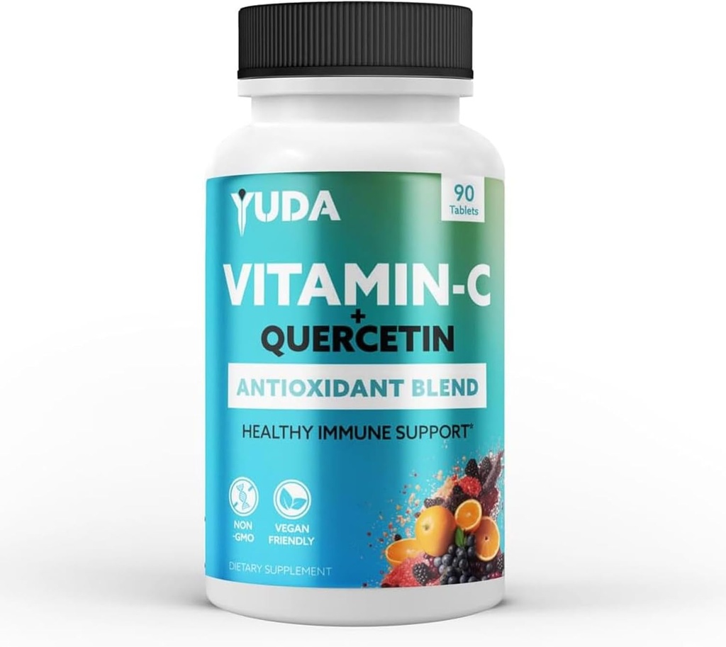 Yuda Quercetin Suplementy z witaminą C 1000mg - Super C Witamina & Quercitin Formuła do wsparcia immunologicznego Wzbogacony o Elderberry & Rose HIPS - Promuje zdrową odpowiedź immunologiczną - 90 Tabletki