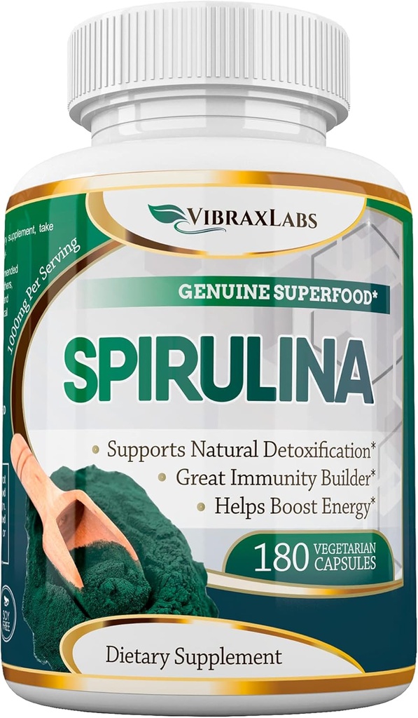 vibraxlabs Spirulina kapsułki - 100% Pure 1000mg Serving (500mg kapsułki wegetariańskie) Proszek suplement, Wspiera naturalne detoksykacji, Korzyści zdrowotne na poziomie komórkowym, Najlepsze z Chlorella