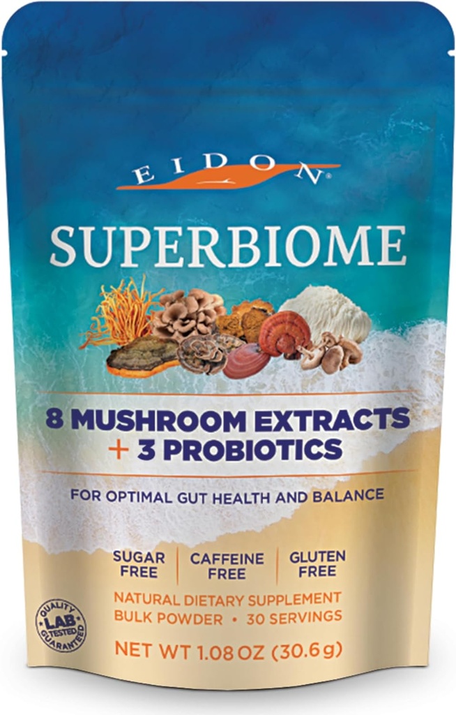 Eidon SuperBiome, Mushroom Probiotics Powder Blend, Gut Balance, Microbiome Health Supplement with Organic Reishi, Chaga, Lion 's Mane, Cordyceps, Turcja Ogon, Shitake, Maitake, Phelinus, 30 Służenie