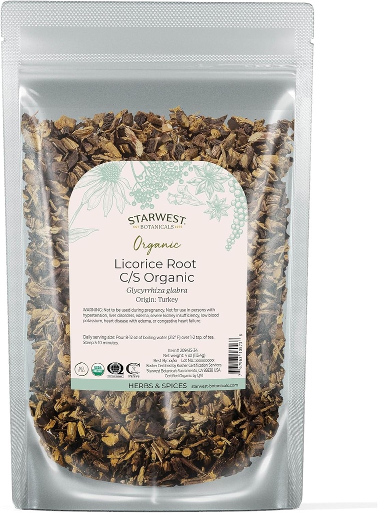 Starwest Botanicals Organic Suszony Licorice Root - Herb na luźne mieszanki herbaty liści, Cudy, & Pieczone towary, Cut & Sifted, Certified Kosher, Non-GMO - 4 oz Pouch