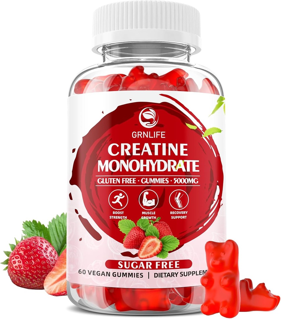 Jednowodzian kreatora Gummie dla mężczyzn i kobiet, Jednowodzian do żucia, Jednowodzian kreatora dla mięśni, Budowniczy mięśni, Energy Boost, Bez cukru, Wegan, Flavor- 60 Strawberry Count