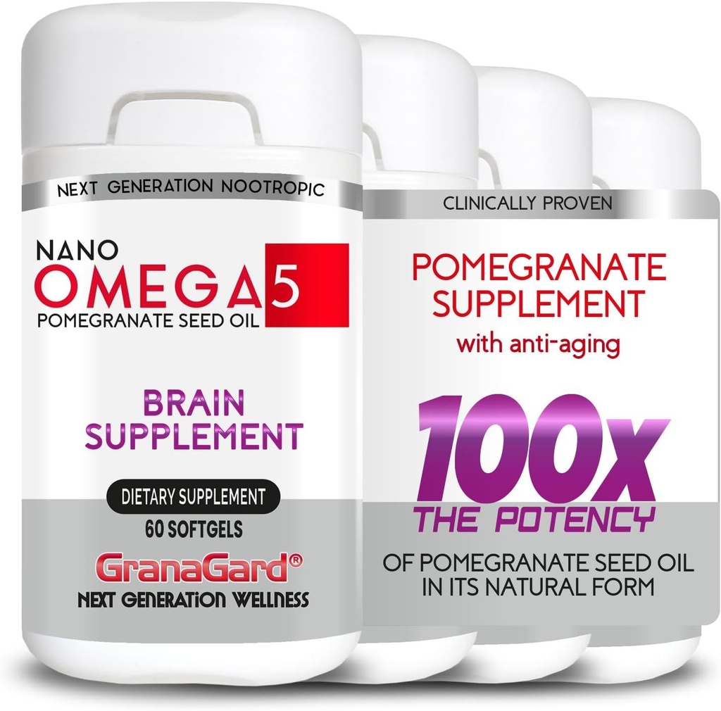 DODATKOWE Proven (4-miesięczne dostawy) Suplementy mózgu z anty starzenia, Pigułki pamięci, Omega 5 Suplement Granatu, 4 Butelki 60ct każdy