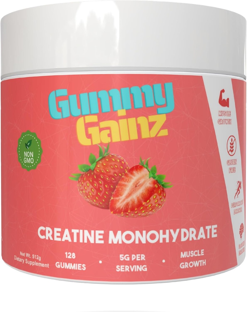 Jednowodzian Gummie Muscle Force Builder Gain szybszy odzysk 5000mg dla mężczyzn i kobiet Boost Energy Pre- Trening Chewables Supplement 128ct (Regularne, Truskawka)