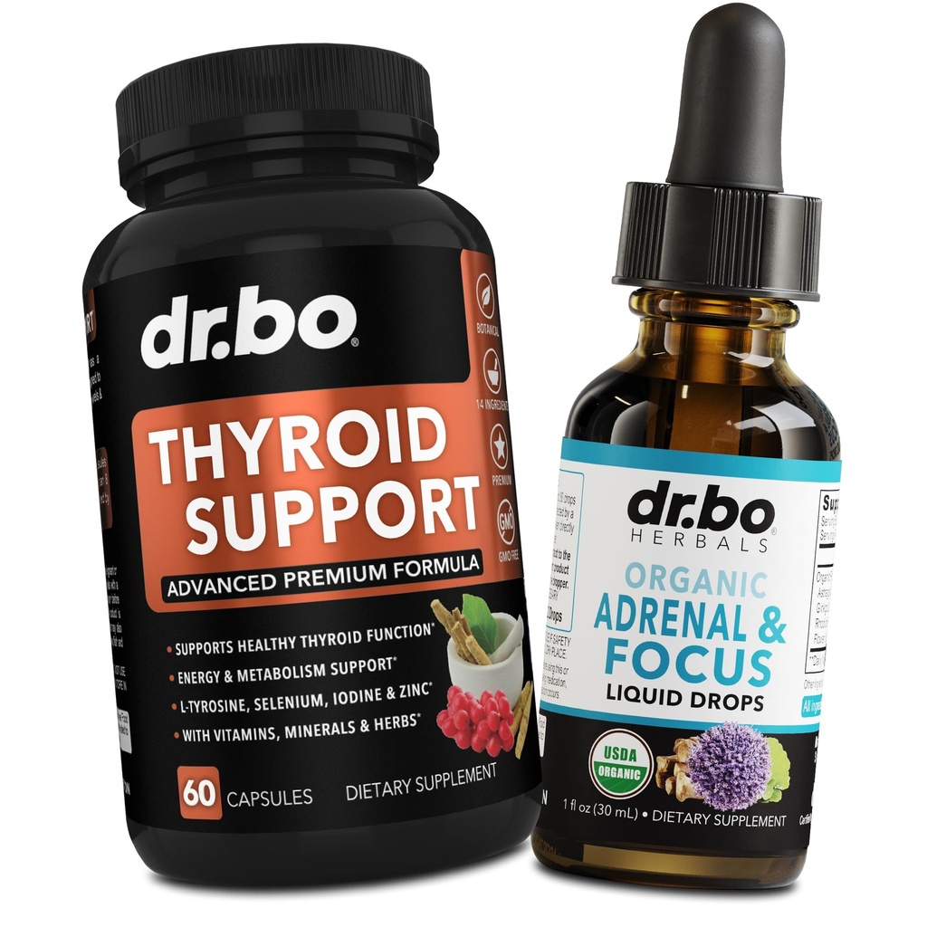 Tyroid Support & Adrener Focus Drops - Suplement tarczycy z L- Tyrosine Selenium jodu i Organic Adrener Supplements Focus Liquid Drops - Naturalny mózg i zmęczenie pamięci Uwaga
