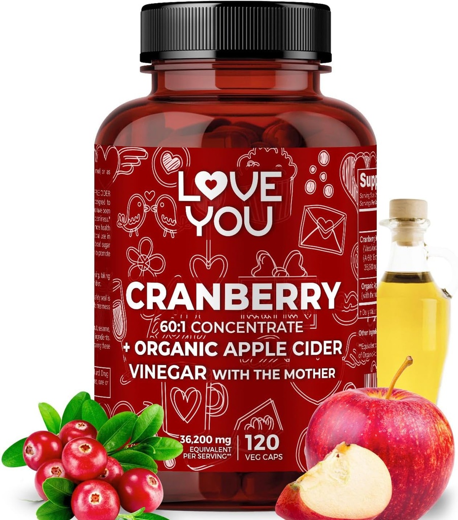Love You Cranberry 60: 1 Extract + Organic Apple Cider Ocet - Max Siła 36,200 mg Równoważny - 120 Kapsułki wegańskie - Trakt moczowy & Wsparcie pokarmowe