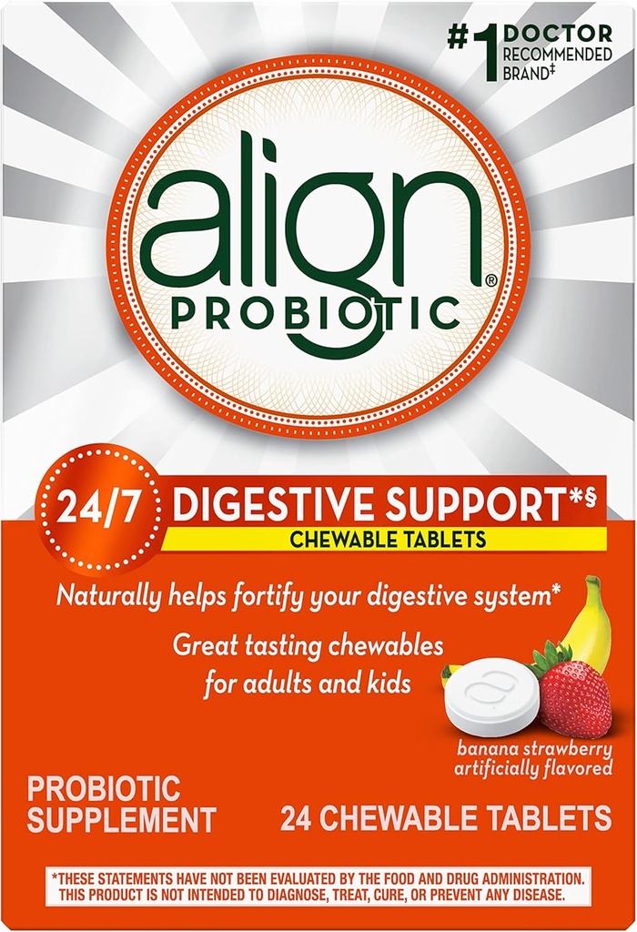 Align Probiotic, Pigułki do żucia Probiotyczne dla kobiet i mężczyzn, Fortify Your Digestive System 24 / 7 z zdrowej bakterii, # 1 Zalecane Probiotyczne przez lekarzy i Gastroenterologów, 24 Tabletki