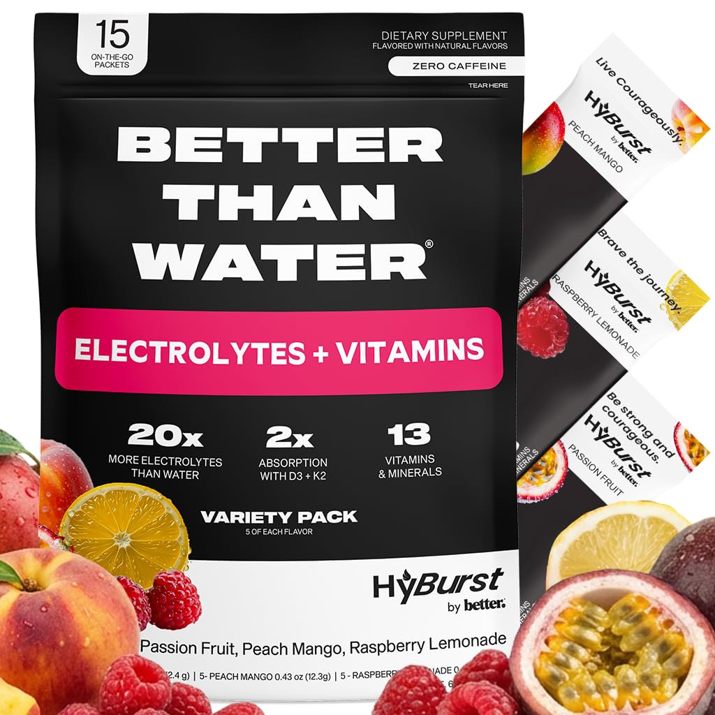 Better Than Electrolytes Powder Packets Drink Mix, Hydration Salt Electrolytes, Vitamin D3 K2, B12, L-Theanine, Zinc, Magnesium, Potassium, Calm Focus & Energy Blend, Tropical Variety 15 Pack