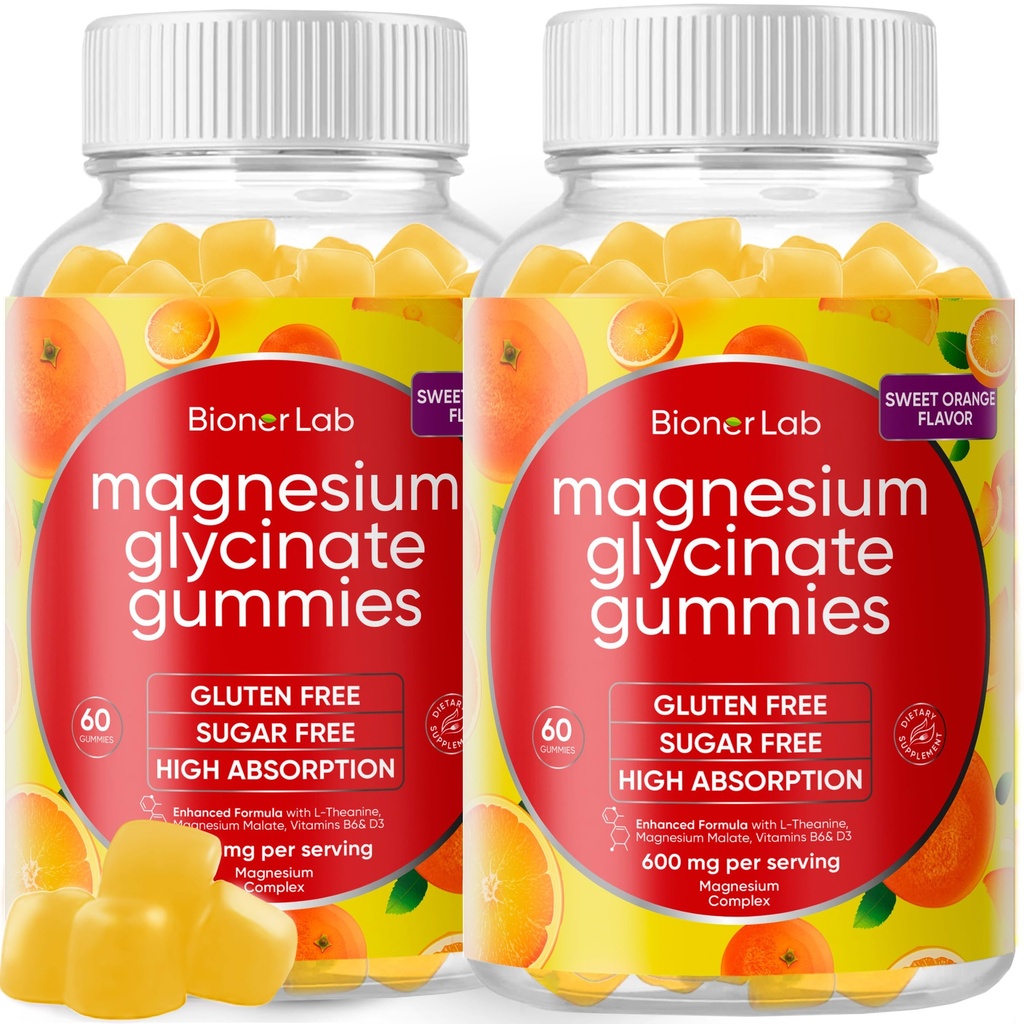 BionerLab Magnezu Glicynian Gummie do żucia (600mg) dla dzieci i dorosłych Kobiety - Wegan Kompleks z Wapnia Potasu Witamina D B6 L- Theanina - Cukier & Gluten Wolny - Flavor pomarańczowy