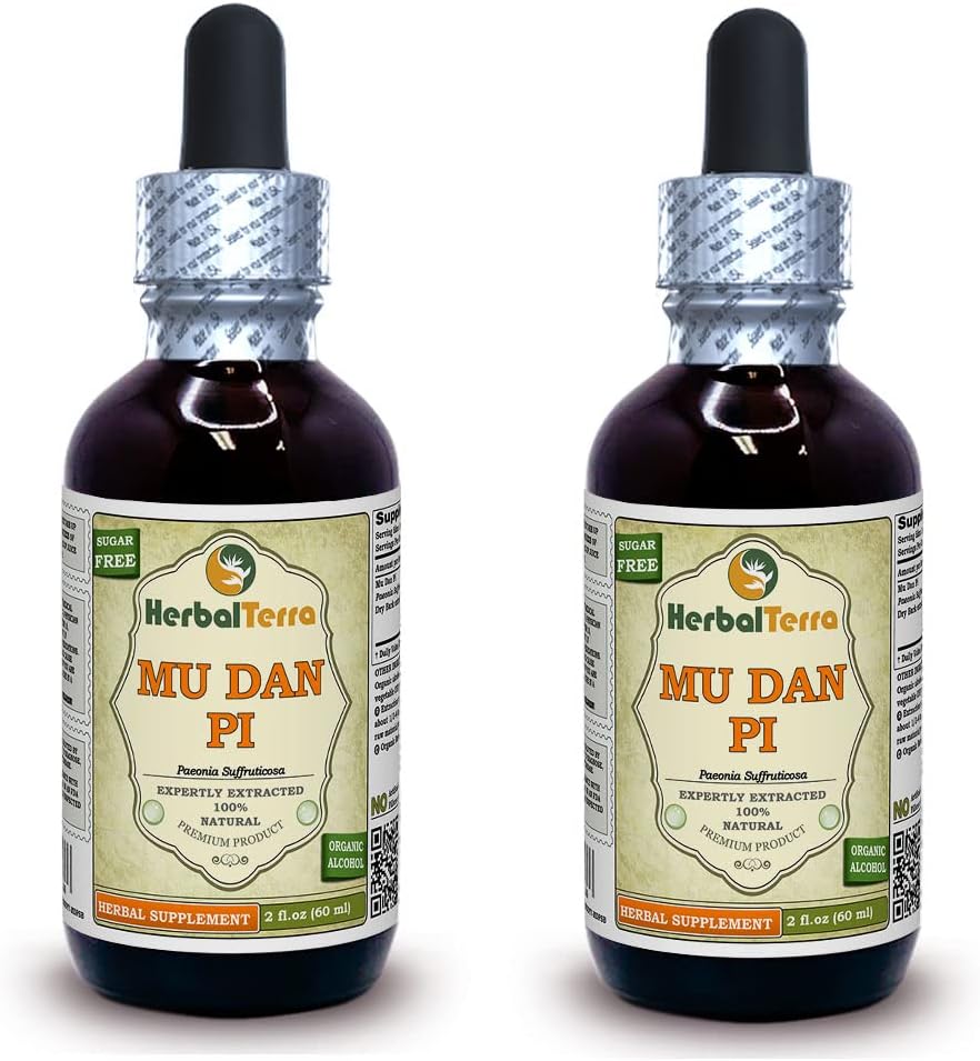 Mu Dan Pi, Tree Peony (Paeonia Suffruticosa) Tincture, Organic Dried Bark Liquid Extract (Nazwa marki: HerbalTerra, Proudly made in USA) 2x2 fl.oz (2x60 ml)