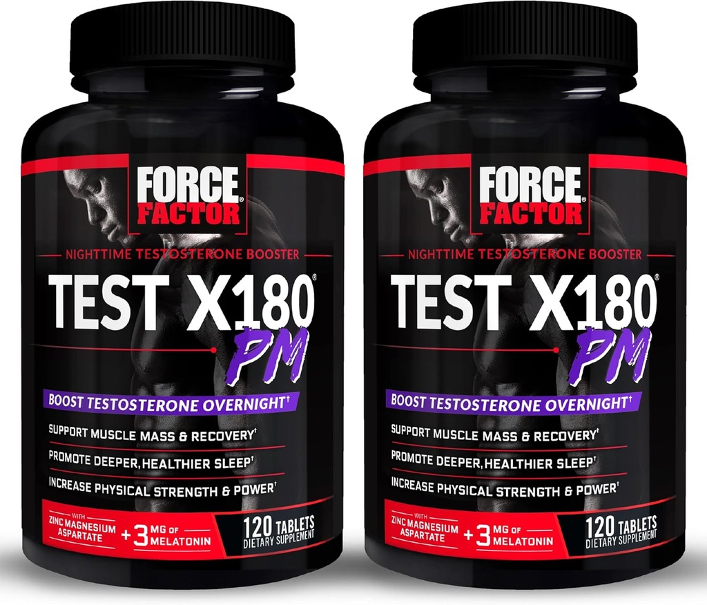 Force FACTOR Test X180 PM, 2- Pack, Testosteron Booster dla mężczyzn, Suplement Testosteronu w ciągu nocy do budowania mięśni, Zwiększenie siły, i promować głębszy, Zdrowy sen i odzyskiwanie, 240 Tabletki