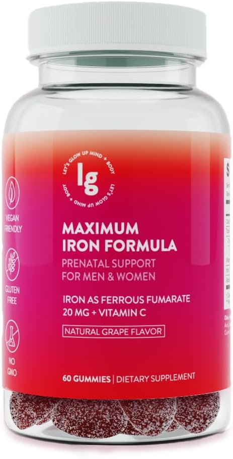 Iron Gummies – 20 mg High Absorption Iron + Vitamin C, B12 & Folate – Vegan, Non‑GMO, Gluten‑Free – Energy & Anemia Support – 60 Ct