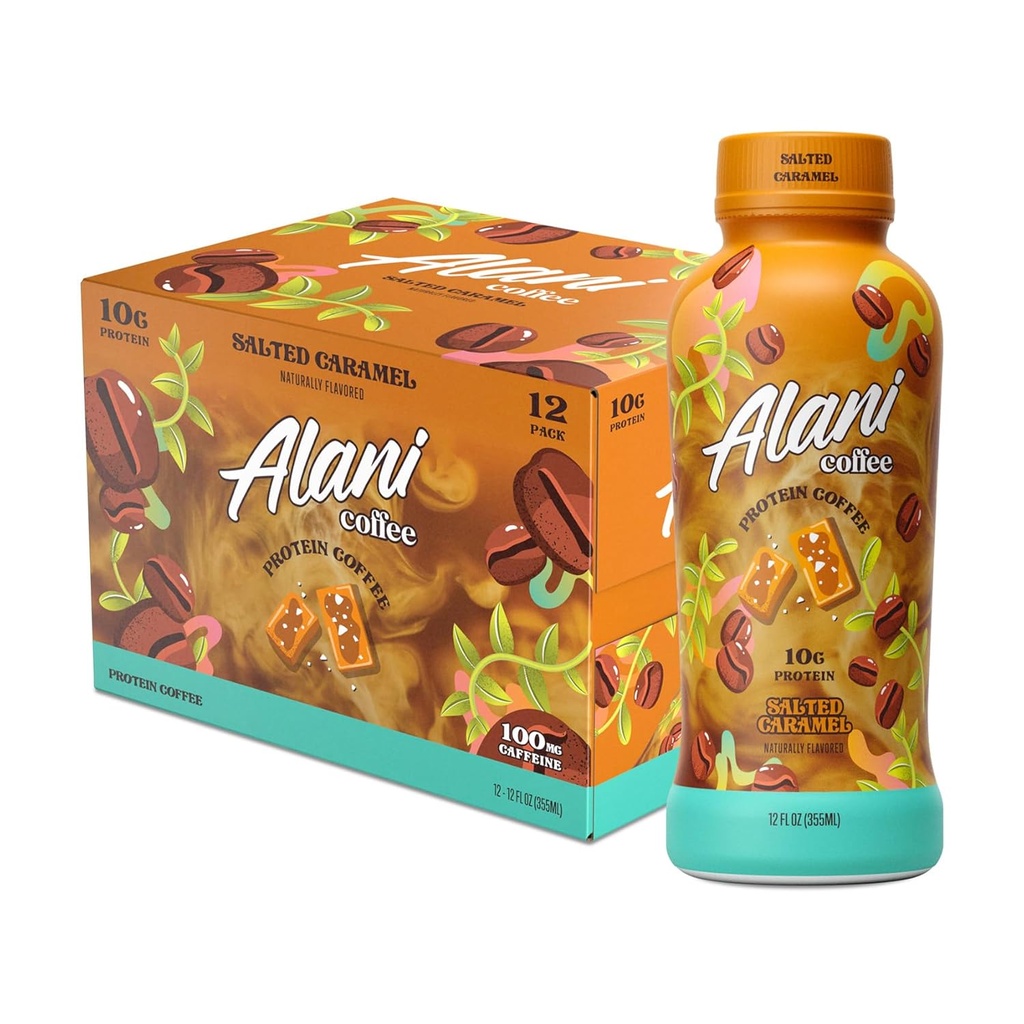 Kawa białkowa Alani Nu SALTED CARAMEL CARAMEL 124; gotowa do picia zimnego piwa z 10g białka 124; 100mg kofeiny 124; 90 kalorii, naturalnie smakowane 124; 12 butelek Fl Oz 124; 12 opakowań