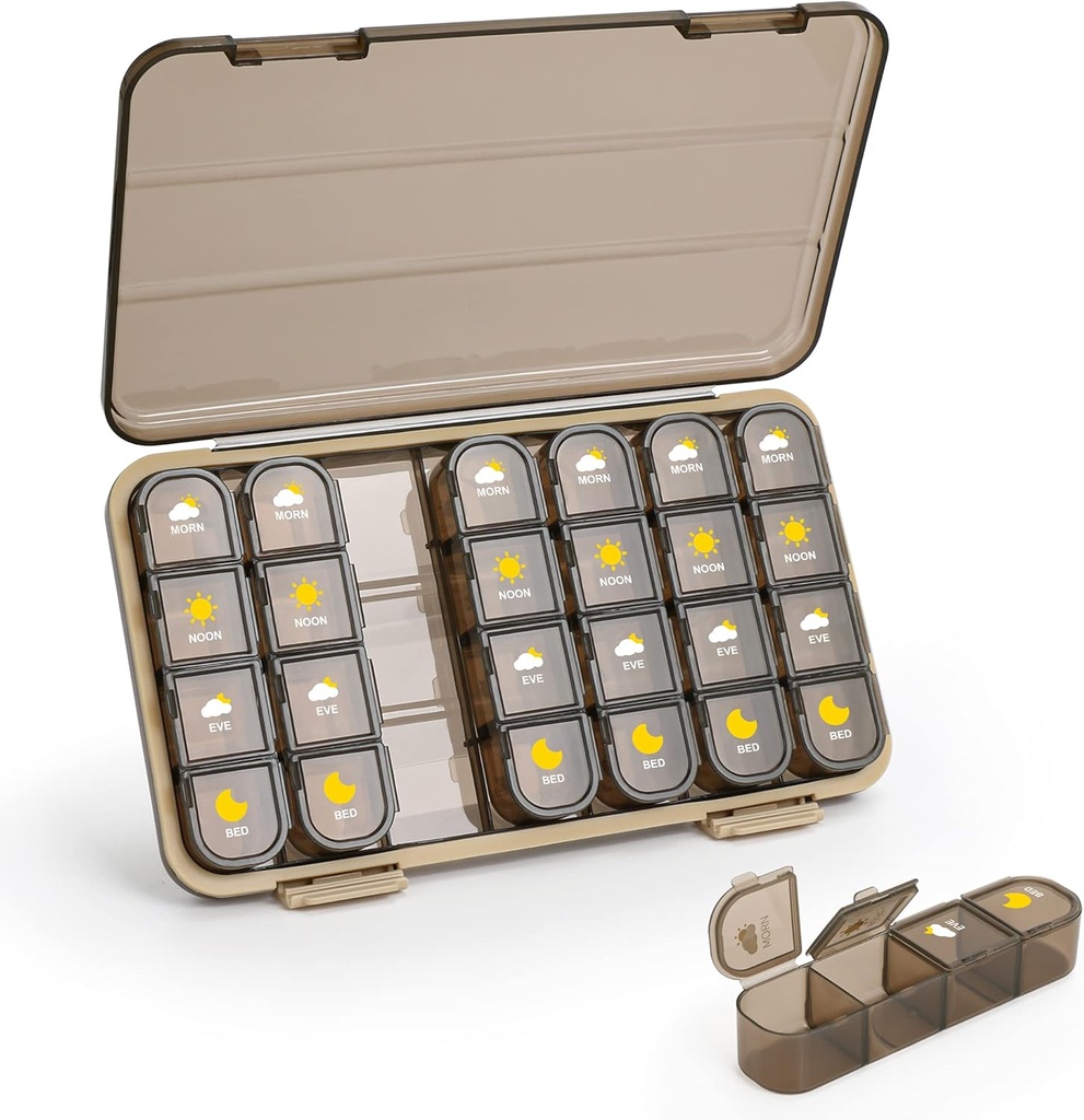 Pill Organizator 4 razy dziennie, 7 dni Pill Box 4 razy dziennie - Acedada Weekly Medicine Box Organizator z osobnym przypadku, Portable Daily Pill Container Dispenser dla suplementów witaminy Fish Oils, Brown