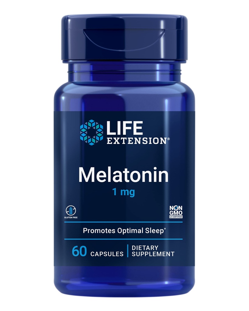 Life Extension Melatonin 1 mg - Na Restful Night, Hormon Równowaga, i zdrowie immunologiczne - Natychmiastowe uwalnianie - Bezglutenowy, Non-GMO - 60 Kapsułki
