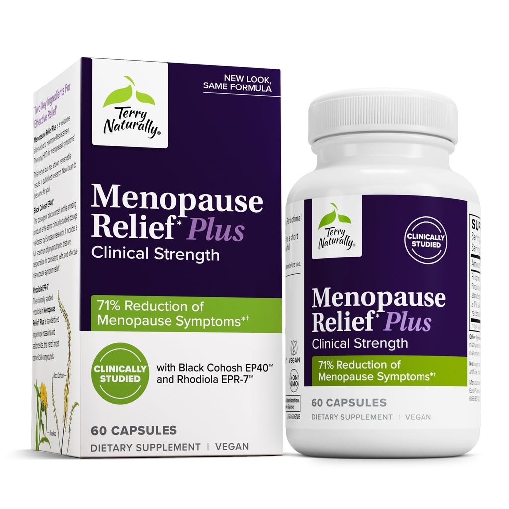 Terry Natural Menopauza Relief Plus - Menopauza Supplement Symptom Supplement - Suplement do pomocy na wypadek wystąpienia zmęczenia i nocnych potów - Suplement z Rhodiola & Black Cohosh - 60 Kapsułki