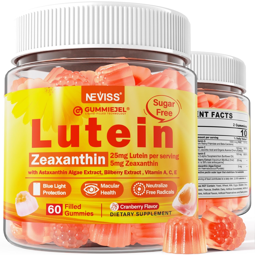 Bezcukrowy Luteina Zeaksantyna Suplementy Gumiaki (25 mg) Witaminy A, C, E, borówka, Astaksantyna - Olej kokosowy dla lepszej absorpcji - Dorośli i nastolatki Wizja Zdrowie, Siniaki oka, Suche oczy - Wegan, 60Cts