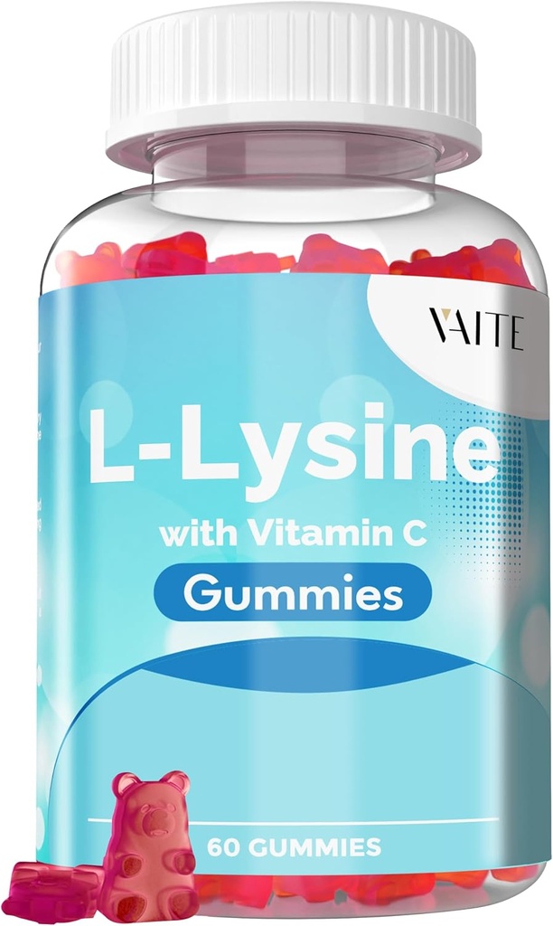 VAITE L- Lysine 800mg Gummie z witaminą C - Skóra, Lip & Cold Sore * Wsparcie dla kobiet - Lizyna dla dorosłych, Wspiera zdrowie i system immunologiczny tkanek, Amino Acid & Complex Supplements, 60 Vegan Chewable
