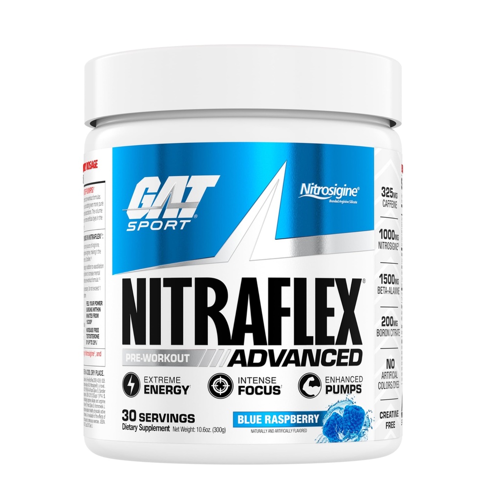 GAT SPORT Nitraflex Advanced Pre- Workout Proszek, zwiększa przepływ krwi, zwiększa siłę i energię, poprawia wydajność ćwiczeń, (Niebieski Malina, 30 Służenia)