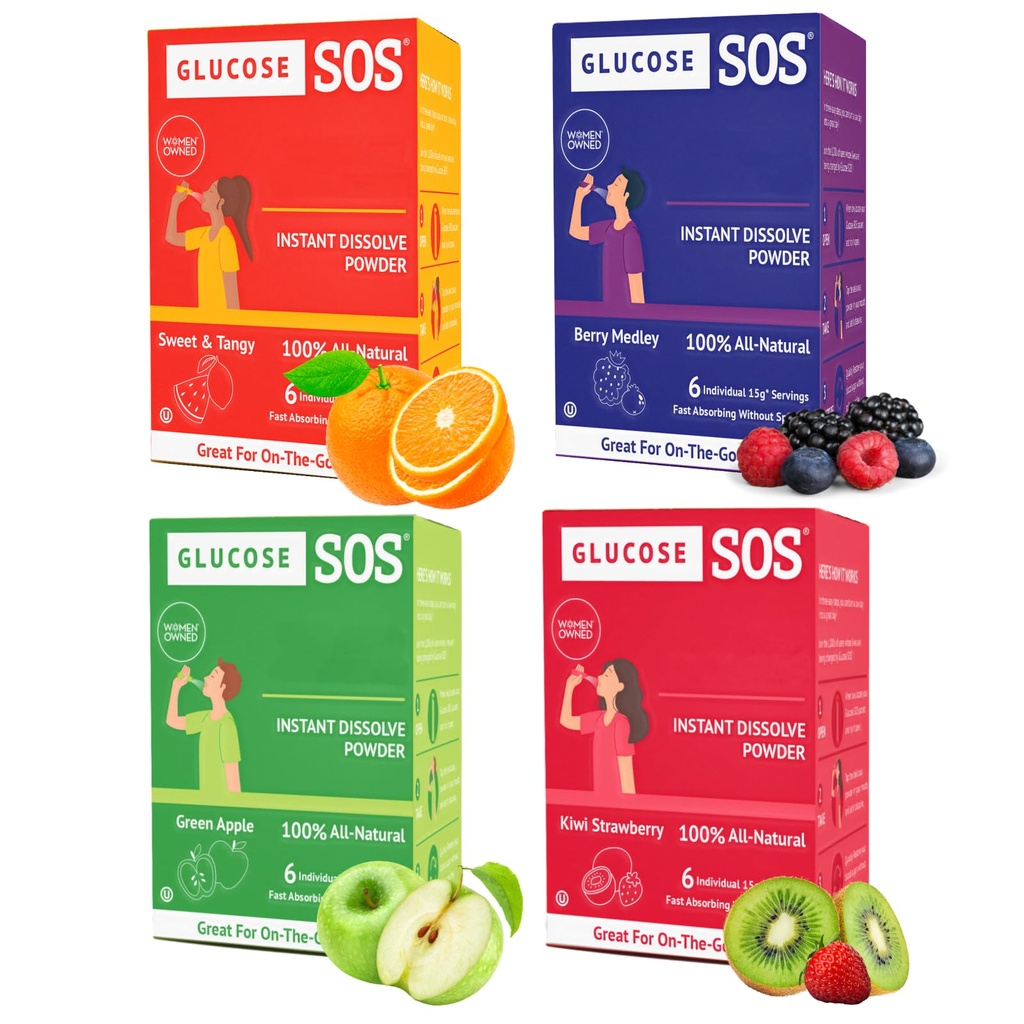 Glukoza SOS Glukoza Pakiety z naturalnego Dextrose, Szybka Absorpcja, które natychmiast rozpuszcza się w ustach bez wody potrzebne, 4 Różnorodność zapachu 24 Służenie