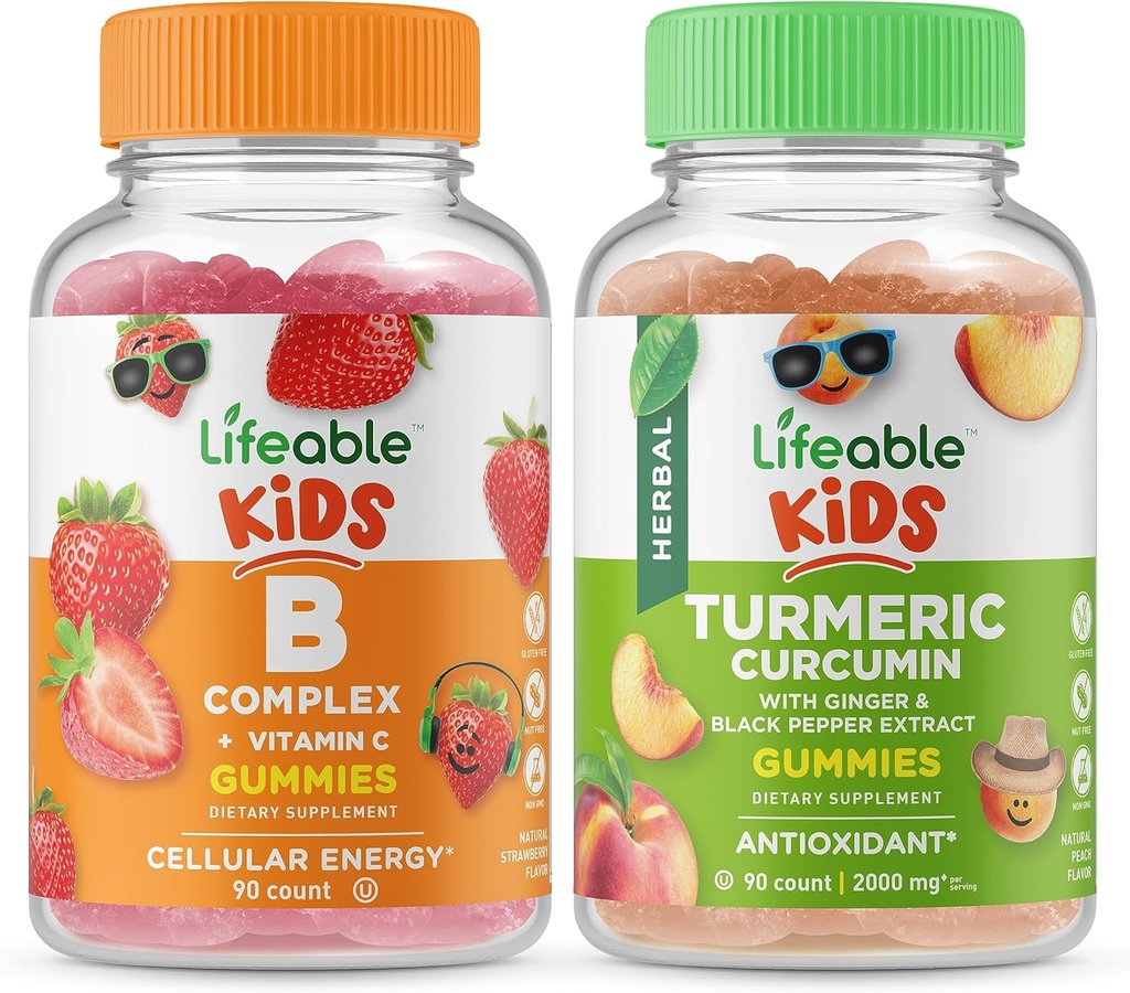 Żywe B Complex Kids + Kurkumina Turmerowa Dzieci, Gummies Bundle - Great Desting, Suplement witaminy, Gluten Free, GMO Free, Gummy do żucia