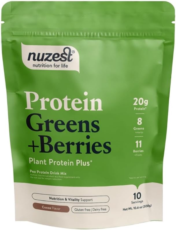 Nuzest - Zielone białka + Jagody - Proszek Superfood - Mieszanka białka roślin - 300g / 10,6 oz Pouch (10 Sług) (Kakao, 300g)