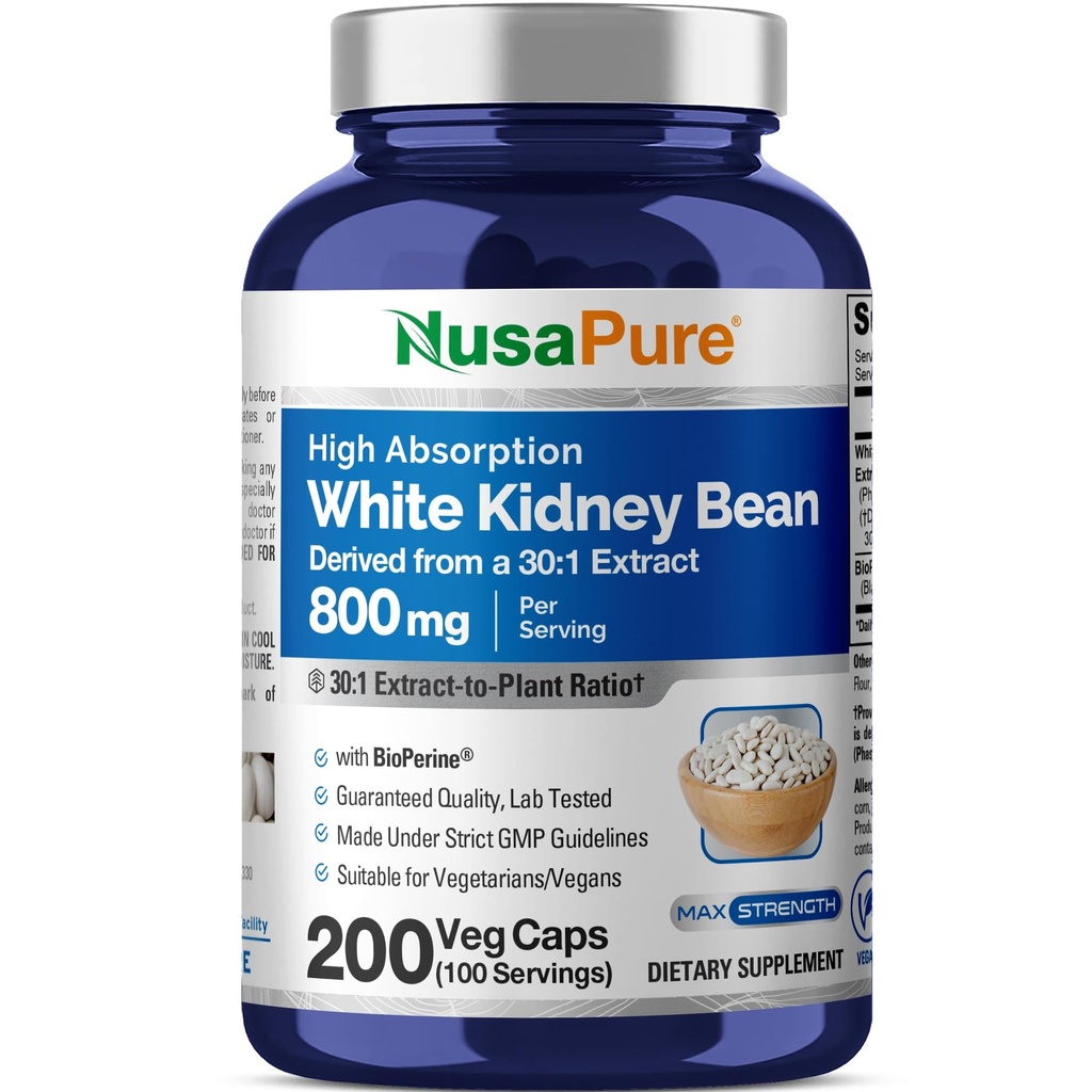 NusaPure White Nerki Fasola 30: 1 Extract, 800 mg ekwiwalent 24 000 mg 200 Kapsułek wegańskich - Bioperine - (Vegan, Non-GMO)