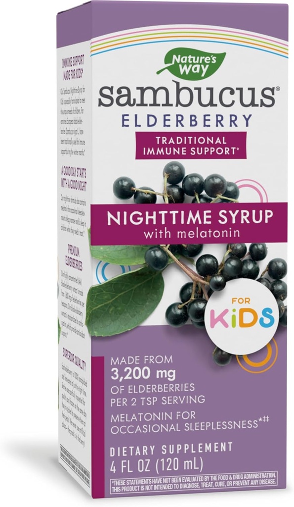 Nature 's Way Sambucus Elderberry Nighttime Syrop dla dzieci z Melatonin, Wsparcie immunologiczne *, 4 Fl Oz