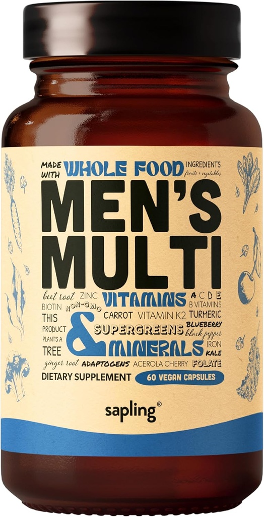 Multiwitamina dla mężczyzn - Daily Men 's Multivitamine - Metylowany kompleks B z całymi składnikami żywności, Witamina B12, Folate, A, C, D3, E, K2, Organiczne owoce i warzywa - Wegan, Non-GMO - 60 Czapki