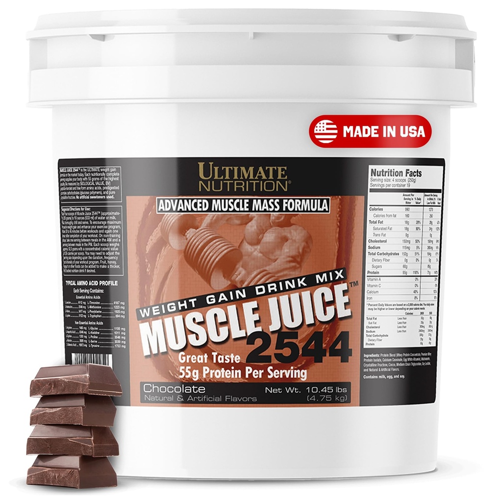 Ultimate Nutrition Muscle Juice, Weight Gain Drink Mix - Mass Gainer Workout Proszek dla mężczyzn i kobiet - Suplement do Lean Muscle Growth & Immune Support z 55 g białka - Czekolada, 10.45lb