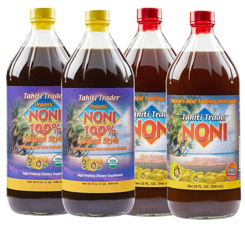 TAHITI TRADER Mix & Match - Original High-Pottency Noni & 100% Noni Island Style Juice - Organic Antioksydant Superfood Juice Support Energy & Body Health - (32oz, 4 Pack)