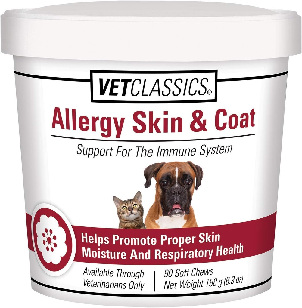 Vet Classics Alergy Skin & Coat Support Pet Supplement for Dogs & Cats - Pet Health Supplement for Cat Skin Moisture, Dog alergie, Pet Research Health- Zawiera przeciwutleniacze - Soft Chews 90 Ct.