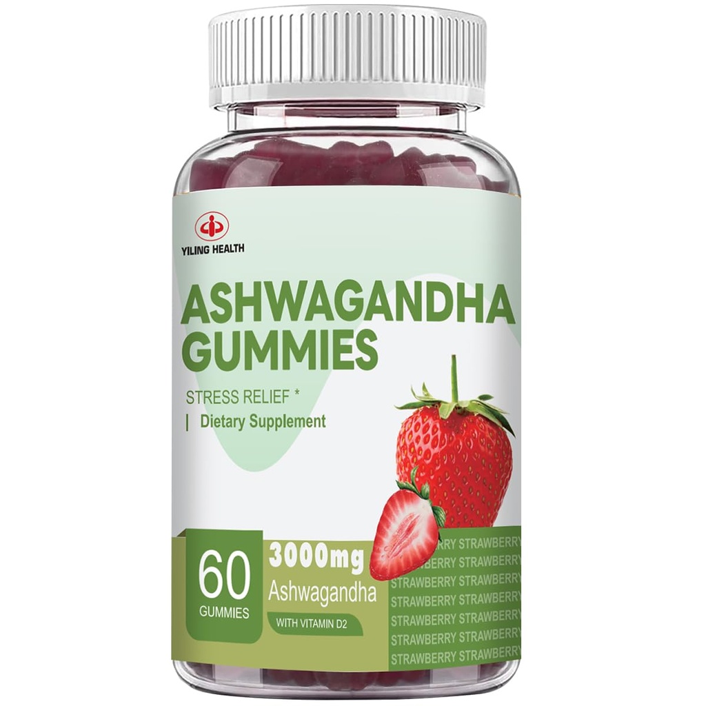 YiLing Ashwagandha Gummies for Women & Men, 3000 Mg wysokiej mocy Ashwagandha Ekstrakt korzenny zwiększa energię, poprawia sen, łagodzi stres i nastrój Calms, 60 Hrabia Strawberry Flavor Ashwagandha