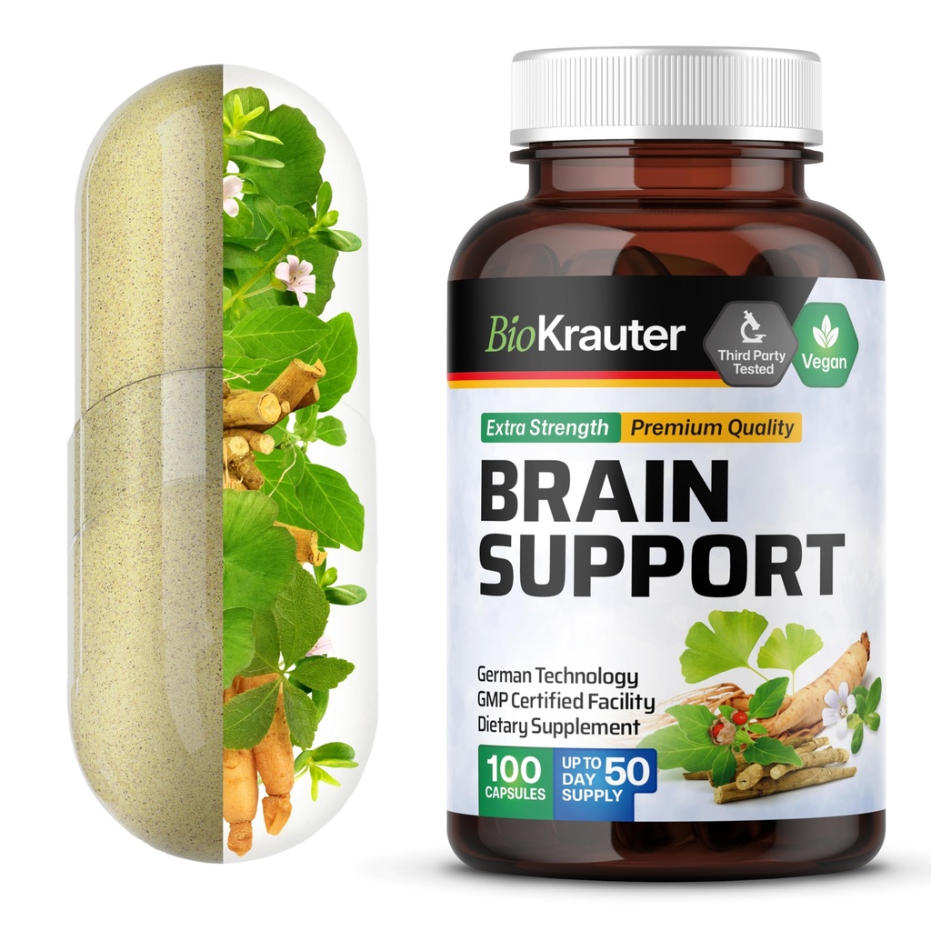 BIO KRAUTER Brain Supplement Supplement - 100 Count - 1300 mg Blend of Ashwagandha, Panax Ginseng and Ginkgo Biloba - Vegan, No Fillers
