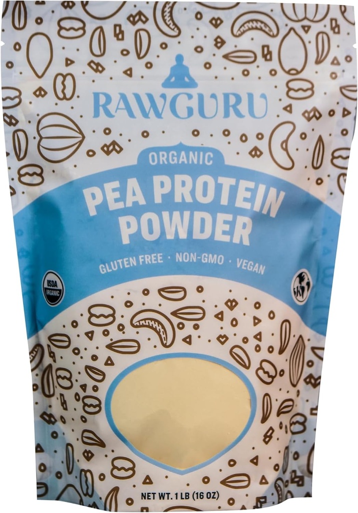 RawGuru Organic Pea Protein Powder - 16 oz - USDA Organic Equipment 124; Gluten Free Equipment 124; Non- GMO Equipment 124; Vegan Equipment 124; Plant Protein Powder