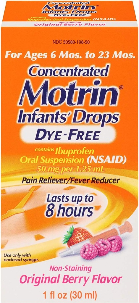 Motrin skoncentrowane krople dla niemowląt Dye- Free Original Berry Flavor - 1 oz, Opakowanie po 4