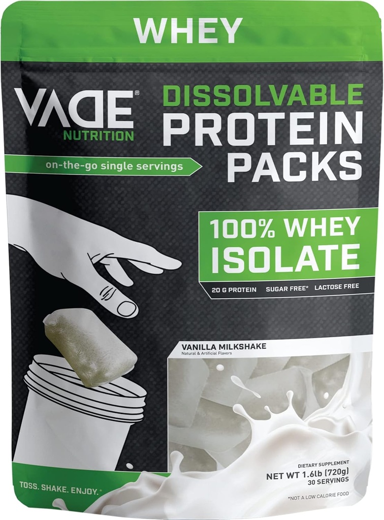 VADE Nutrition Rozpuszczalne opakowania z białkami - 100% Białko serwatki w proszku Vanilla Milkshake - Niskie węglowodany, Niskie kalorie, Laktoza wolna, Cukier wolny, Tłuszcz wolny, Gluten wolny - 30 Pakiety, aby przejść