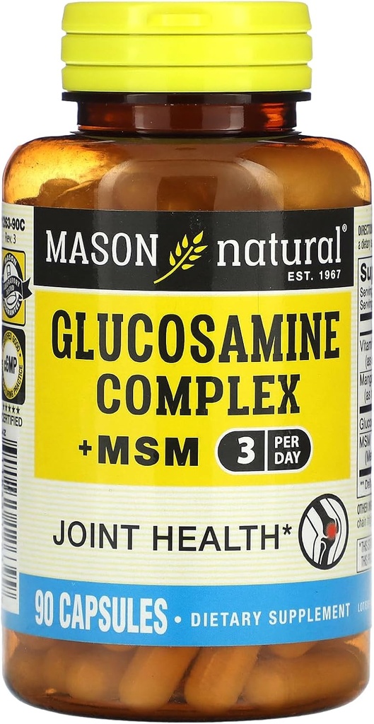 MASON NATURAL Glukozamina Complex Plus MSM z witaminą C - wspomaga wspólne zdrowie, poprawę elastyczności i mobilności, 90 Kapsułki